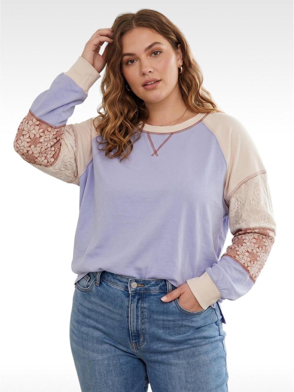 Easel NWT Boho Oversized Patchwork Floral Long Sleeve Top Light Blue Large